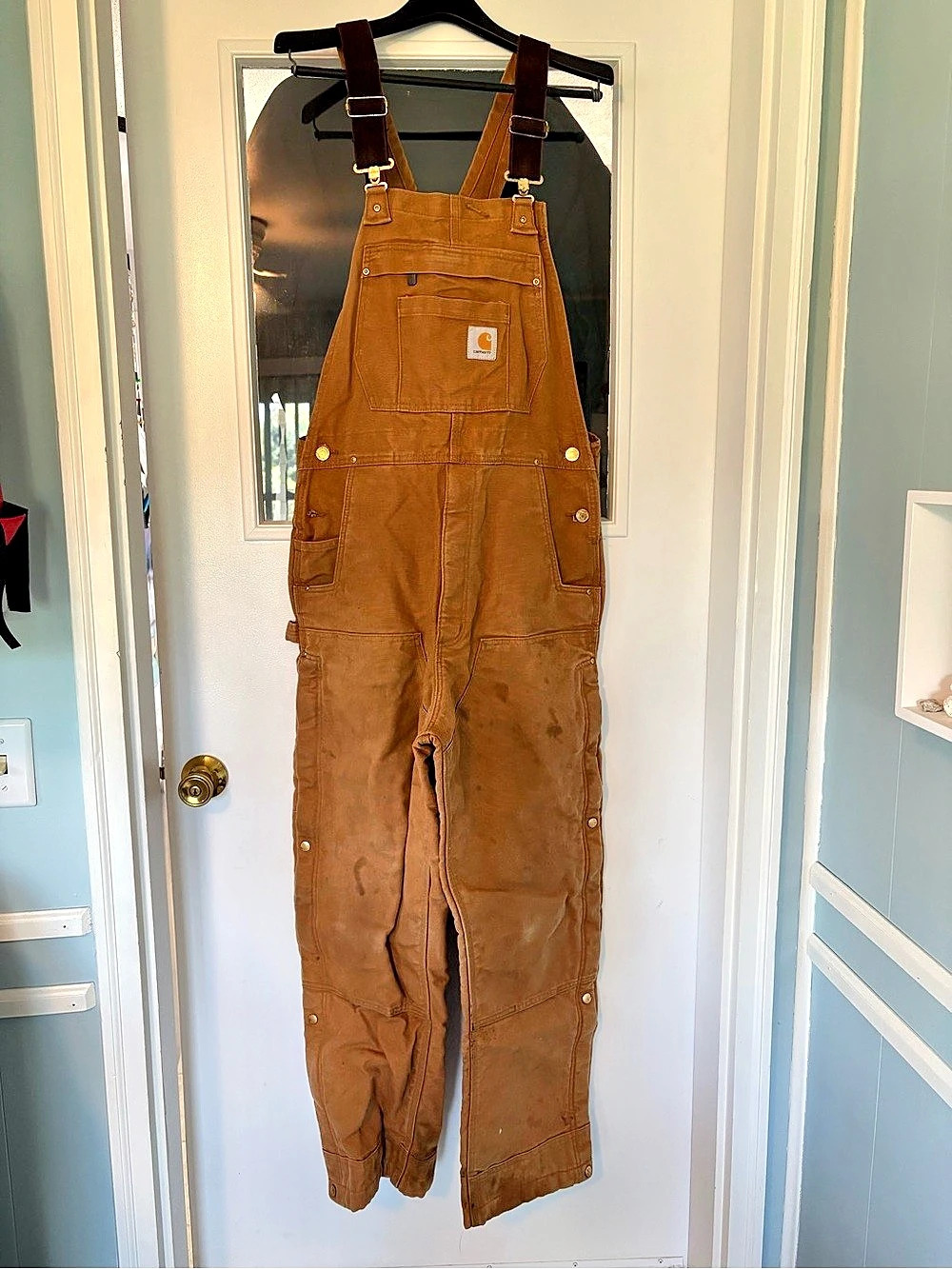 Men’s SZ M Regular Carhartt Duck Bib Overalls Tan W/Some Staining